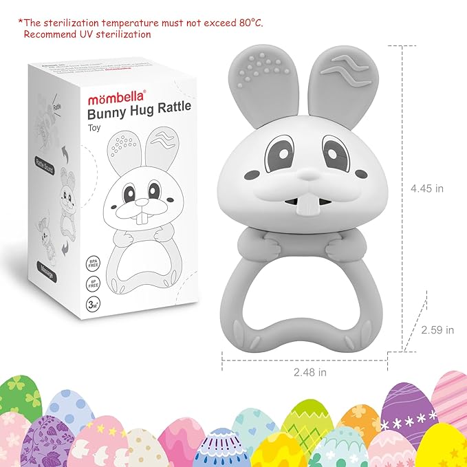 Mombella Baby Teething Toys 3–6 Months with Rattle, Bunny Easter Basket Stuffers for Babies 6–12 Months, Baby's First Toy with Anti Drop Strap, Teething Relief Baby Chew Toys, Easter Gifts, Grey