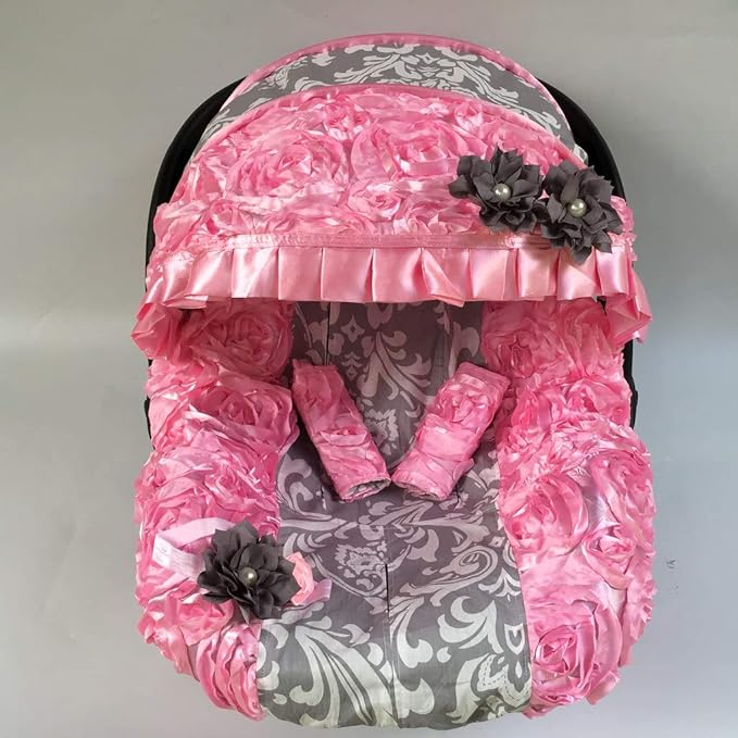 Rosy Kids Infant Carseat Canopy Cover 3pc Whole Caboodle, Baby Car Seat Cover Outdoor Kit, 3D Rosette Fabric, Baby Pink Grey Paisley Print