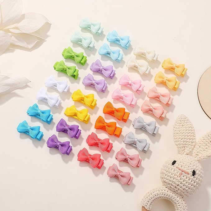 Fully Lined Grosgrain Ribbon Mini Hair Clips and Bows for Girls - 1.2" Tiny Hair Clips and Bows for Infants' Fine Hair (25 Color Pairs, 50 Pieces)