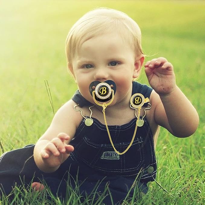 Bling Personalized Black Baby Pacifier with Pacifier Clips and Anti-dust Cover A-Z 26 Letters(Black,B)