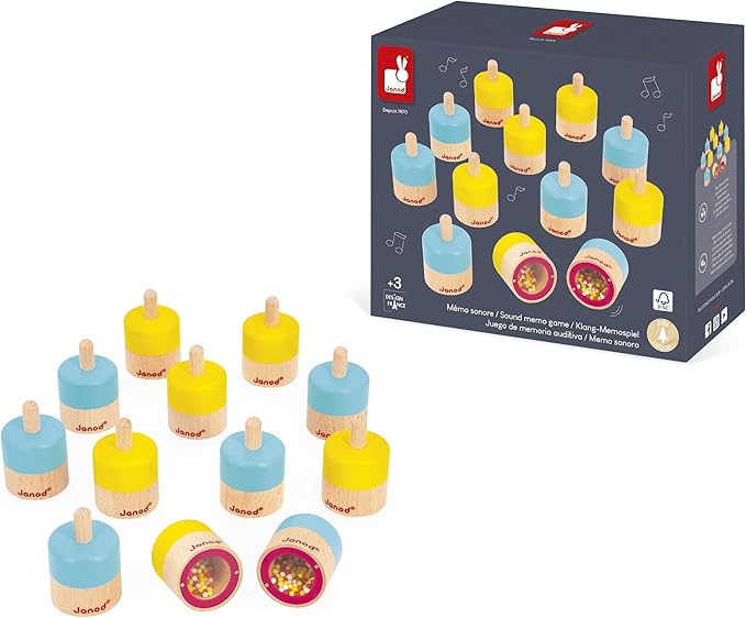 Janod Sensory Game Memo - 12 Sound Blocks with 6 Sounds to Be Combined in Pairs - Develops Hearing and Hearing Memory - Awaken Senses - Wooden Toy - from 3 Years - J05309, J05309, Multi-Coloured