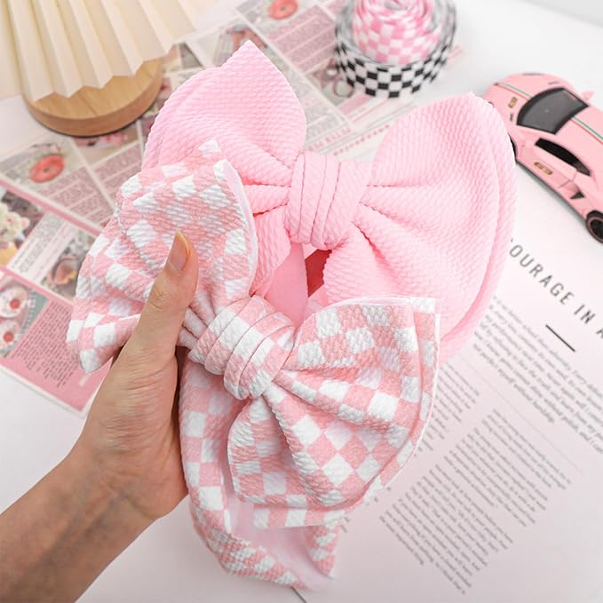 YanJie 2PCS 7’’ Light Pink Bows for Baby Girls Checkered Headband Double Layered Bow Infants Toddler Hair Accessories Newborn Headbands Baby Clothes