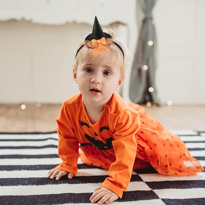 Baby Girls Mini Witch Hat Headband Infant Toddler Glitter Bow Tulle Party Hair Accessories Orange