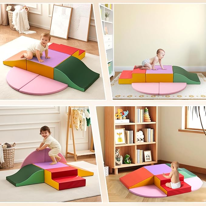 6-Piece Baby Foam Climbing Blocks, Soft Play Climbing Toys for Toddlers, Kids Playtime Corner PU Leather Climber Indoor for Crawling and Sliding, Waterproof Easy to Clean (Red)