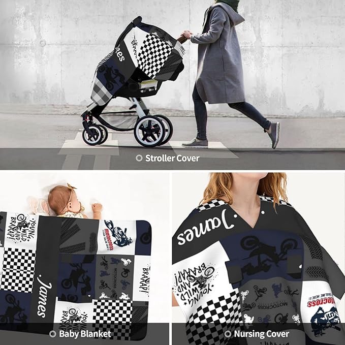 Personalized Dirt Bike Black Baby Car Seat Canopy for Babies with Name, Custom Motocross Baby Car Seat Covers for Boys, Opening Minky Nursing Breastfeeding Cover Infant Carseat Canopies for Newborn