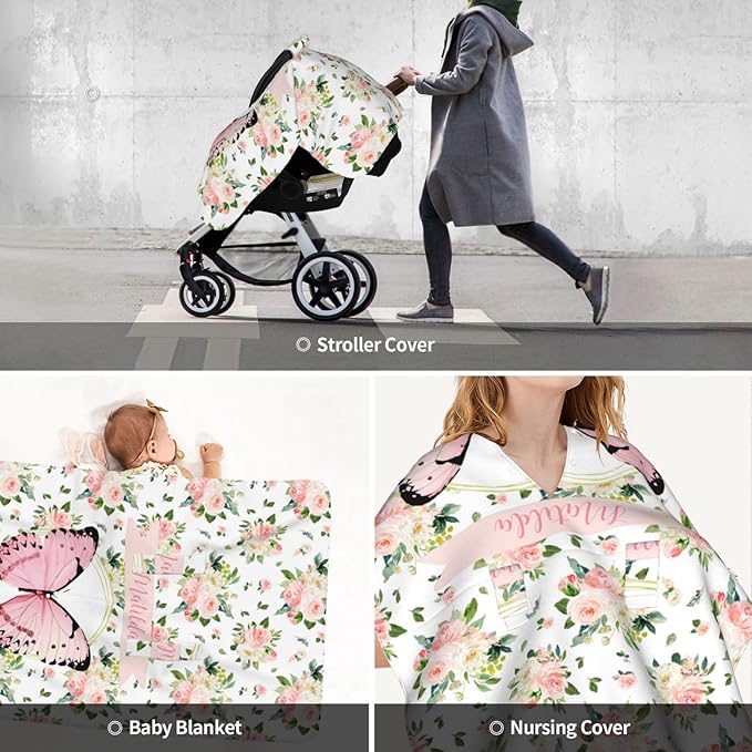 Personalized Baby Car Seat Canopy for Babies with Name, Custom Butterfly Stroller Car Seat Covers for Girls, Minky Nursing Carseat Cover for Breastfeeding, Car Seat Canopies for Newborn