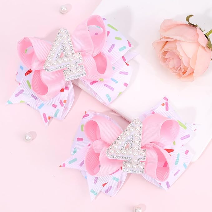 2PCS Hair Bows for Baby Girls Birthday - 4th Birthday Hair Bow Sweet Theme with Ice Cream Party, Pink Hair Accessories for Baby Toddler 1 2 3 4 5 6 Years, Outfit & Decorations