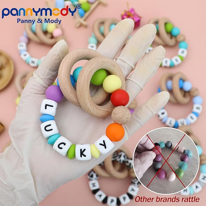 Baby Teether Toys with Name, Personalized Silicone Rattle, 0-3 Months Custom Teething Ring Toy for Babies and Raised Texture to Soothe Gums