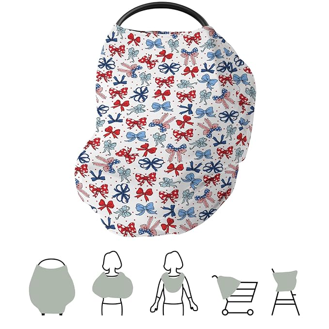 American Flag Bows Stars Car Seat Cover for Baby Patriotic Ribbons Stretchy 5-in-1 Cover Adjustable Car Canopy Cover Cute 4th of July Bows Breathable Nursing Cover-Up