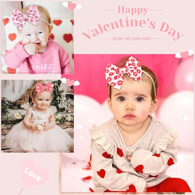 Valentine's Day Baby Headbands Pink Red Love Heart Printed Elastic Nylon Valentines Hairbands for Baby Girls Newborn and Infant 3 Pcs (Valentine's Day- A)