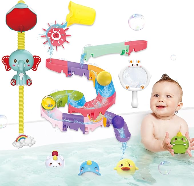 taseyok Toddler Bath Toys, Baby Bathtub Toys with Elephant Shower Sprays and Slide Track, Fishing Floating Animals Toys, Creative Shower Toys Christmas Birthday Gifts for Boys and Girls