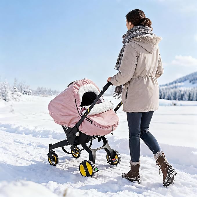 Winter Baby Car Seat Cover, Carseat Cover with Plush Sherpa Fleece Lining, Infant Car Seat Canopy with Peeping Window & Huge Space, Warm & Snug Baby Carrier Cover for Cold Weather