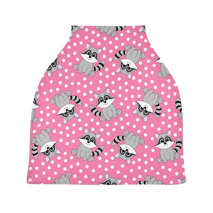 Cartoon Cute Raccoon Pink Polka Dot Pattern Stretchy Baby Car Seat Cover Infant Canopy Nursing Covers Breastfeeding Cover Breathable Windproof Winter Scarf for Boys Girls