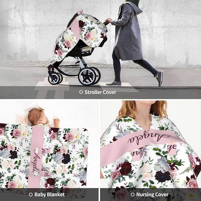 Personalized Baby Car Seat Canopy for Babies with Name, Custom Pink Purple Floral Stroller Car Seat Covers for Girls, Minky Nursing Carseat Cover for Breastfeeding, Car Seat Canopies for Newborn