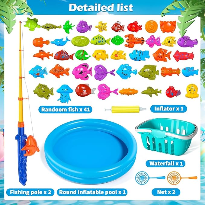 Doloowee Magnetic Fishing Game Bath Pool Toys for Toddlers 3-5,48pcs Fishing Toys Game Floating Fish Magnet Pole Rod Net Education Teaching and Learning for Kids Age 3-6 4-8