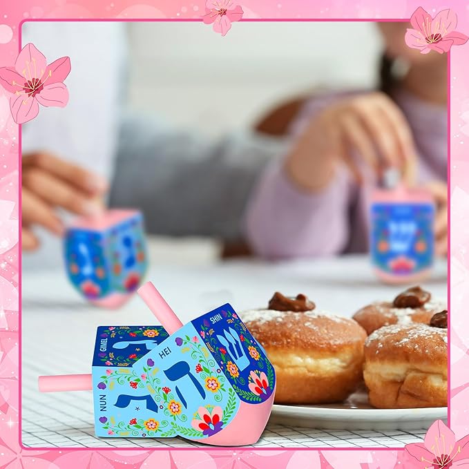 Wonderjune 2 Pcs Hanukkah Dreidels Extra Large Wooden Dreidel for Hanukkah Decoration with English Transliteration, Forever Spinning Tops Party Favors(Floral)