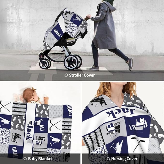 Custom Baby Car Seat Canopy with Name, Personalized Hockey Baby Car Seats Covers for Baby Boy, Opening Minky Nursing Breastfeeding Cover for Infant, Carseat Canopies for Newborn
