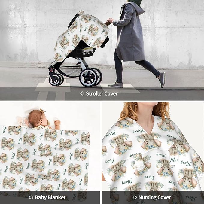 Personalized Baby Car Seat Canopy for Babies with Name, Custom Car Seat Covers for Boys Girls, Infant Opening Minky Nursing Breastfeeding Stroller Cover Carseat Canopies for Newborn (Floral Elephant)