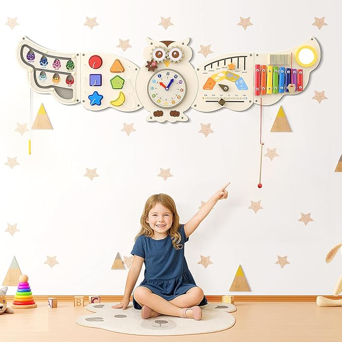 Owl Activity Wall ToysBusy Board, Wooden Montessori Sensory Toys, Learning Activity Center for Playroom,Daycare, Nursery, Classroom, Educational Toys for Toddler
