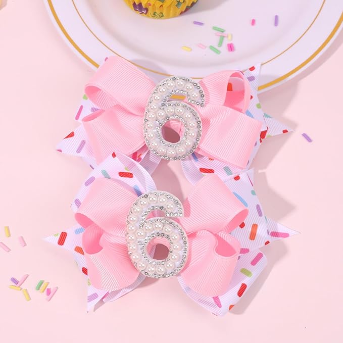 2PCS Hair Bows for Baby Girls Birthday - 6th Birthday Hair Bow Sweet Theme with Ice Cream Party, Pink Hair Accessories for Baby Toddler 1 2 3 4 5 6 Years, Outfit & Decorations
