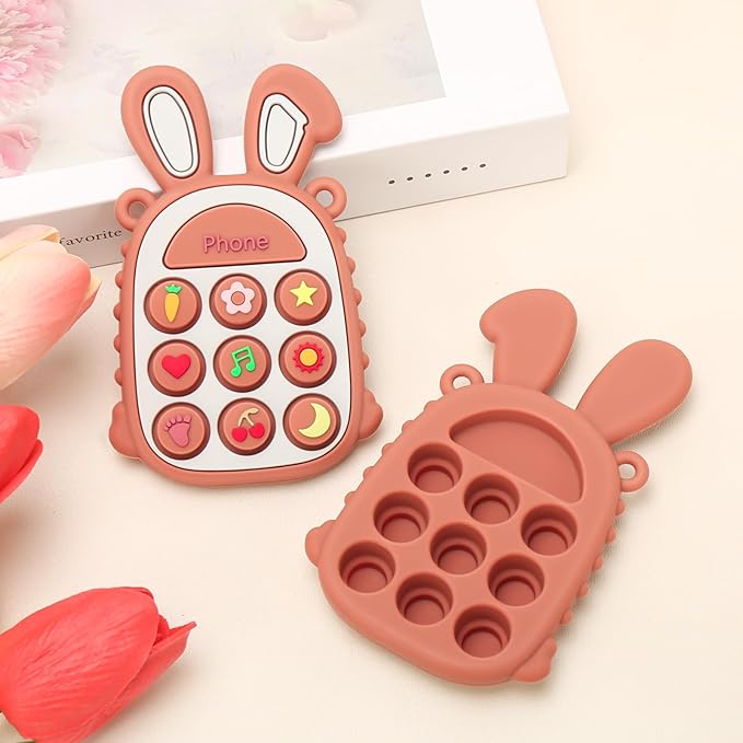 MISSLILI Teething Toys for Babies, BPA-Free Silicone Teether Toy for Infants, Cute Rabbit Phone Design with Easy-Grip Ears, Soothing Gums and Push Pop for Boy and Girl