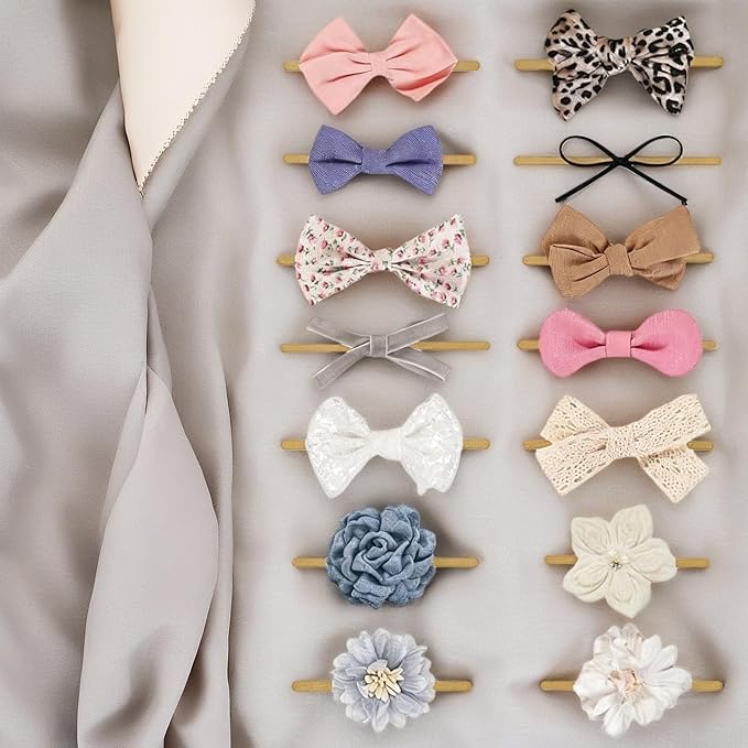 14 Pcs Baby Girl Headband Bows Soft Nylon Hairbands With Hair Bows Elastics Linen Handmade Toddler Hair Accessories For Girls Newborns Infants And Kids. (Flower Bows, Mid)