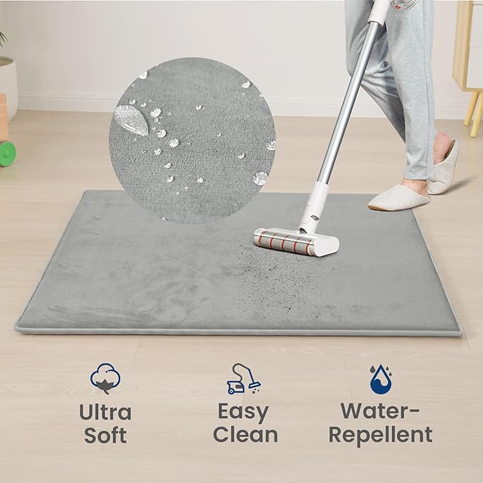 Huloo Sleep Baby Play Mat for Floor,1.3" Thick Elasti-Foam 50"×74" Playpen Mat for Tummy Time,Water Repellent Soft Coral Velvet for Toddler,Infant,Kids,Non-Slip Backing Safe for Crawling(Light Grey)