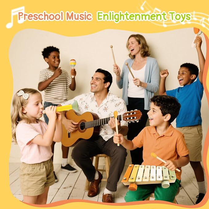 Wooden Musical Instruments Set for Toddlers 18+ Months - 7PCS Montessori Educational Learning Toys with Xylophone, Maracas, Trumpet & Storage Bag for Kids Baby