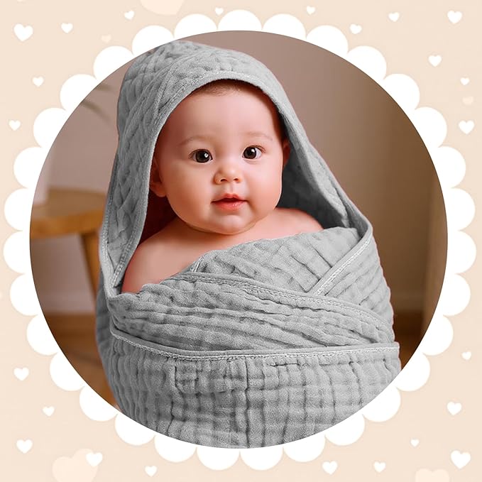 Peryiter 6 Pcs Muslin Hooded Baby Towels 32 x 32 Inch Cotton Newborn Bath Essentials Muslin Infant Blankets Absorbent Registry Gifts for Girl Boy Kids Baby Shower (Yellow,Blue,Green,Orange)