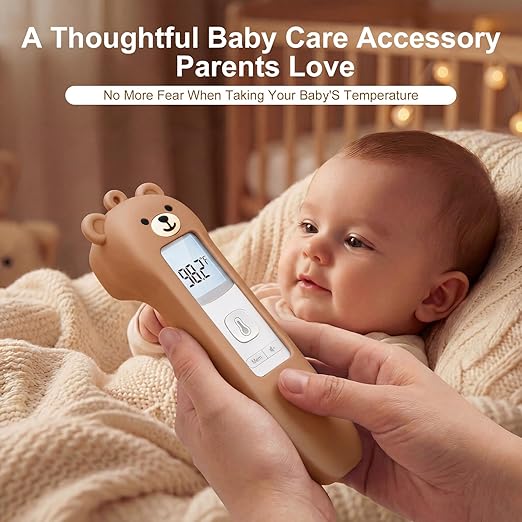 Cute Bear Silicone Thermometer Case Compatible with GoodBaby No-Touch Thermometer, Soft Anti-Drop Protective Cartoon Animal Cover Helps Calm Babies During Temperature Checks - Brown