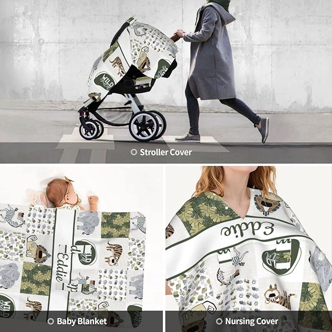 Personalized Baby Car Seat Canopy for Boy Girl, Custom Name Baby Car Seats Covers for Babies, Opening Minky Nursing Breastfeeding Stroller Cover Infant Carseat Canopies for Newborn (Woodland Animals)