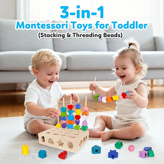 ROOCHKD Wooden Sorting Toy Montessori Color & Shape Sorter Lacing Beads Sequencing Toy Class Activity Toddlers Fine Motor Game for Colors and Shapes Learning, Birthday Gifts for Boys and Girls