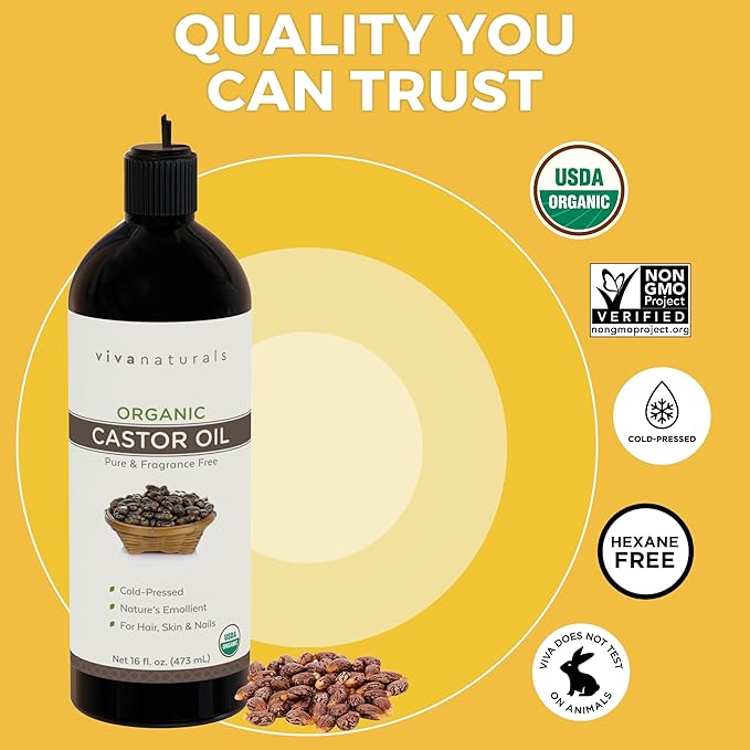 Viva Naturals Organic Castor Oil,Cold-Pressed,16 fl oz – For Face,Hair,Eyelashes,USDA Organic,Non-GMO - With Beauty Kit,(Pack of 2)