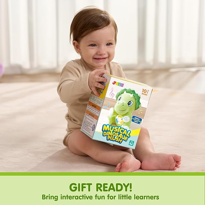 JOYIN Musical Dinosuar Plush Baby Toy, Stuffed Animal with Music & Light, Baby Musical Soft Plush Toys for Infant Babies, Easter Birthday Gifts for Boys and Girls 6+ Months