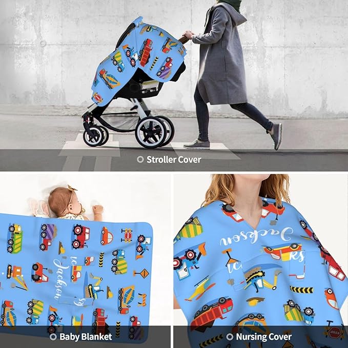 Custom Baby Car Seat Canopy for Babies with Name, Personalized Construction Truck Baby Car Seats Covers for Boys, Opening Minky Nursing Breastfeeding Stroller Cover Infant Carseat Canopies for Newborn