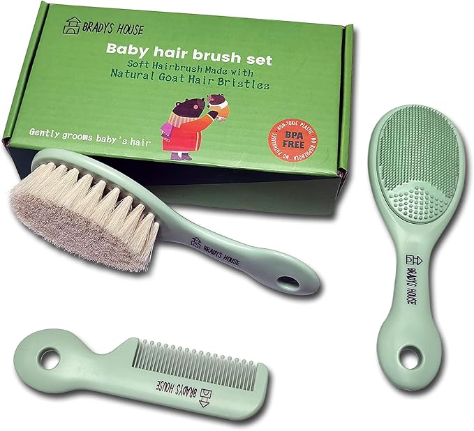 BRADYS HOUSE - 3 Piece Baby Hair Brush & Comb Set for Newborns- Soft Goat Bristle Hair-Brush, Silicone Bath Brush and Plastic Comb for Infant, Toddler, Kids - Baby