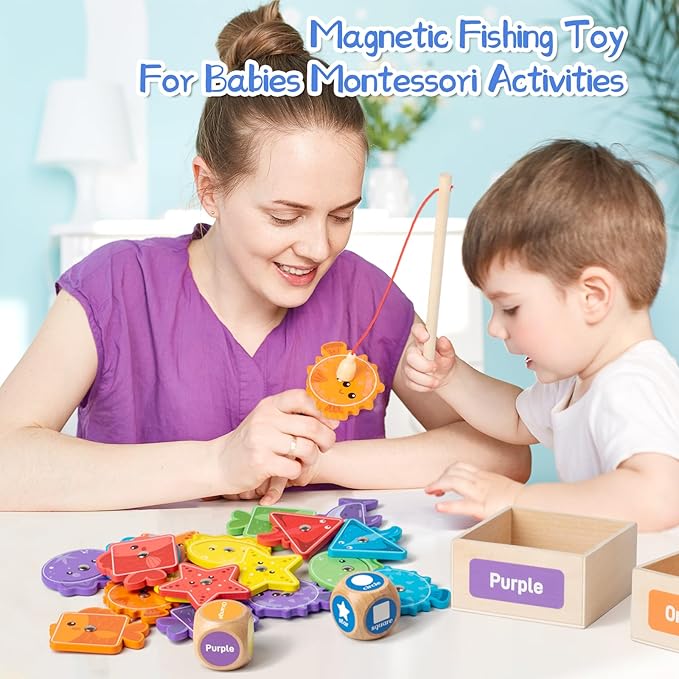 Montessori Fishing Game for Toddler 1-3,Wooden Magnetic Fishing Game,Early Educational-Shape & Color Sorting Toy for Kid 3-5,Preschool Learning Fine Motor Skill,Classroom Matching Activity