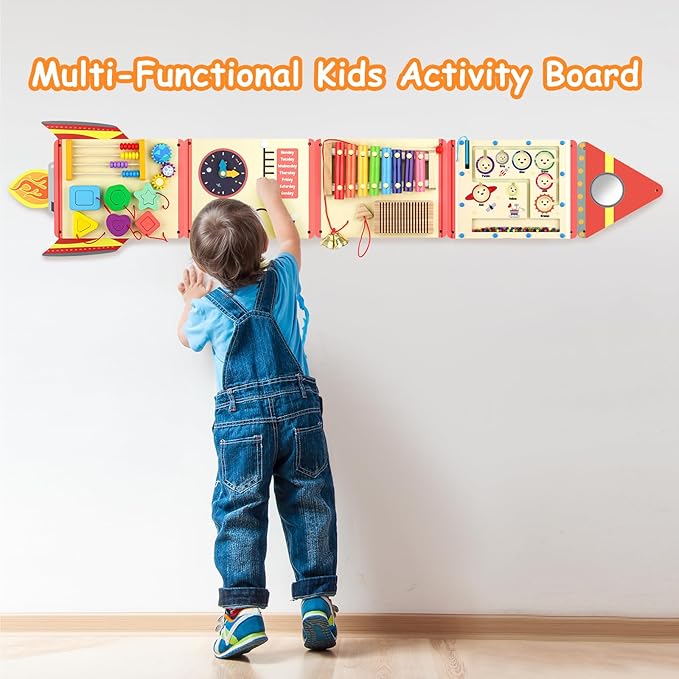 5FT Large Wooden Activity Wall Busy Board, Montessori Sensory Wall Panel for Toddlers, 12 in 1 Learning Activitie Center,Gift for Kids 1-3 Year Olds, Playroom Toy for Boys and Girls