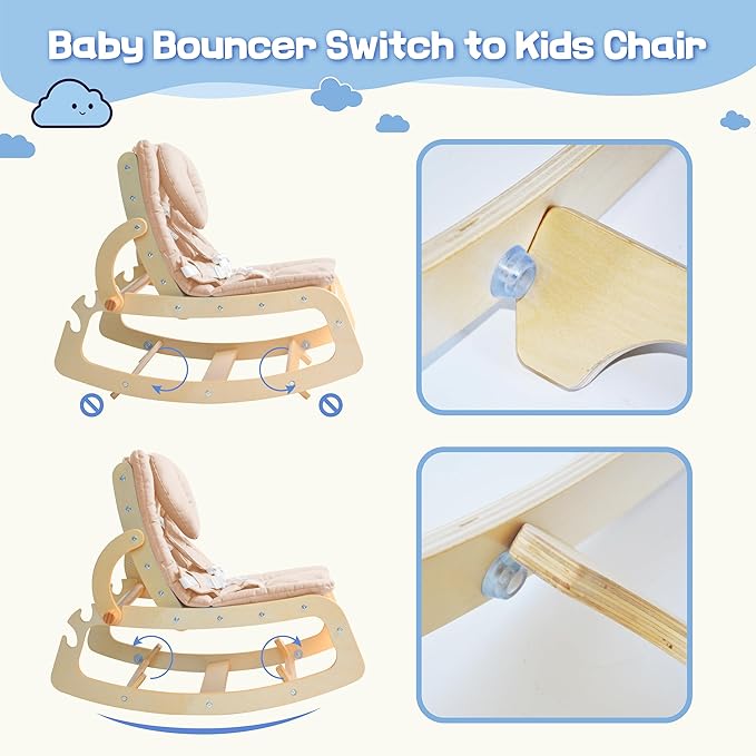 Baby Bouncer,Adjustable Baby Rocker, 3-in-1 Wooden Rocker Chair with 5-Point Harness, Recliner Seat for Infant to Toddlers,Beige