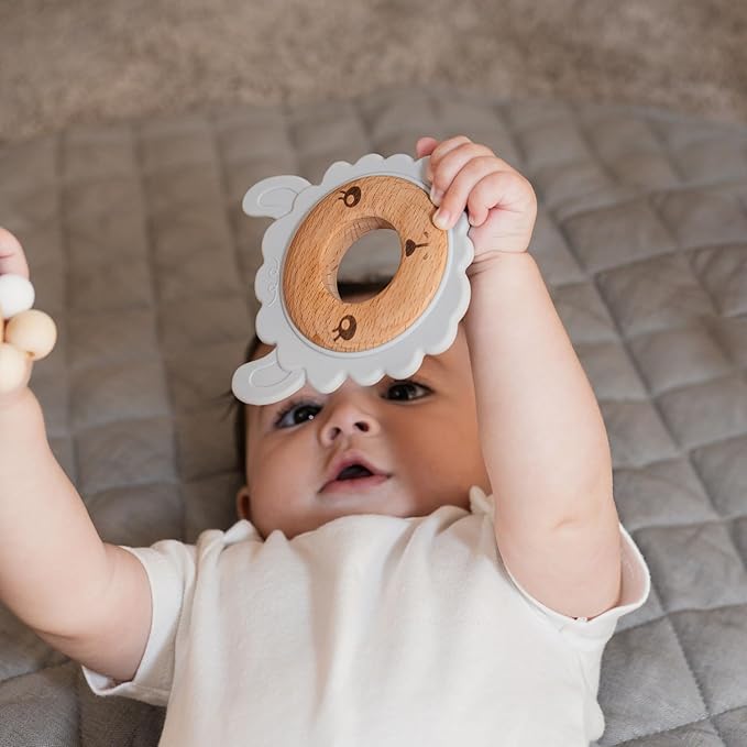 Grey Lamb Baby Teething Toy for 0-12 Months | Food-Grade Silicone & Natural Beech Wood Teether | Easy-to-Hold Animal Shapes for Soothing Chewing | BPA-Free Teethers for Babies Boys & Girls