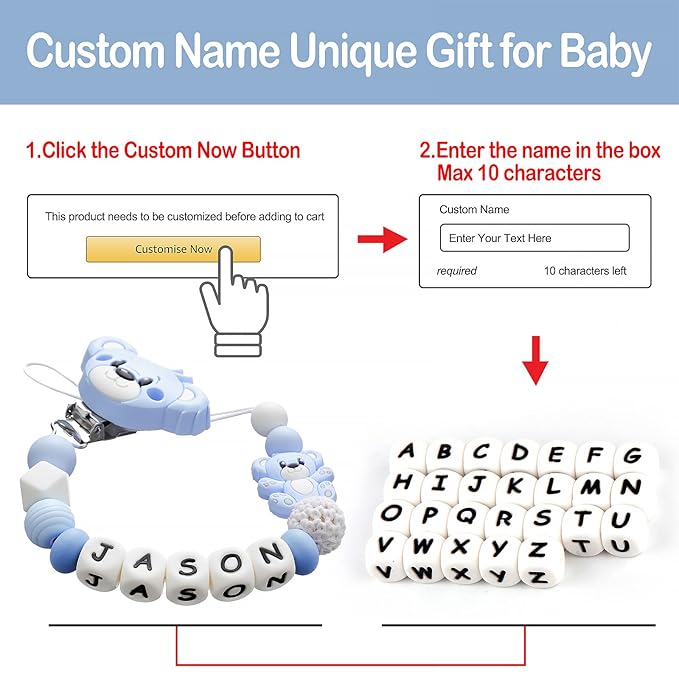 Personalized Pacifier Clip with Name for Baby, Customized Pacifier Clip Fits Most Pacifiers, Blue Bear