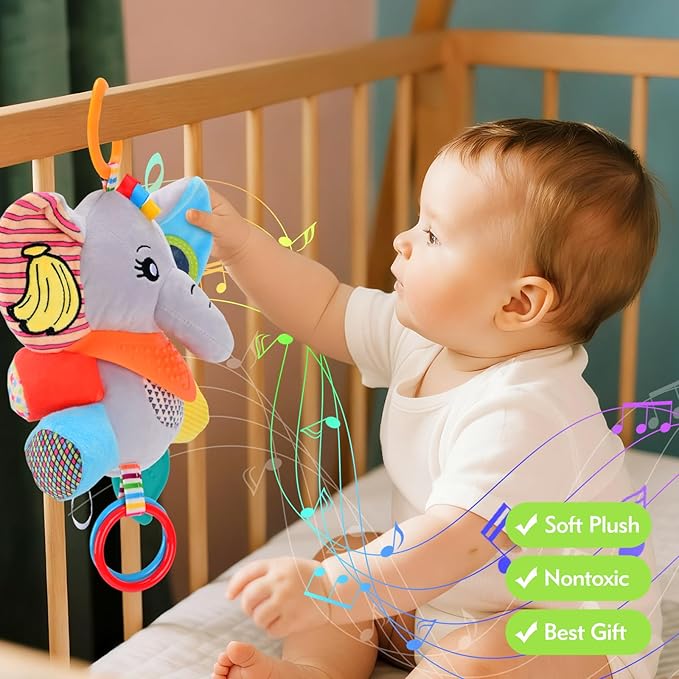 Baby Toys 0-6-12 Months: Elephant with Detachable Touch-Sensitive Sound Box (30 Sounds), Removable Bib, Teether, Rattle, BB Squeaker, Mirror | Attaches to Strollers, Car Seats, Carriers