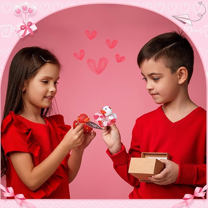 Jerify 48 Pcs 2 Inch Valentines Ducks for Kids Classroom Exchange Gifts Valentine's Day Rubber Ducks with Gifts Cards Mini Heart Rubber Duckies Valentines Party Favors Toys, 6 Styles (Pastel)