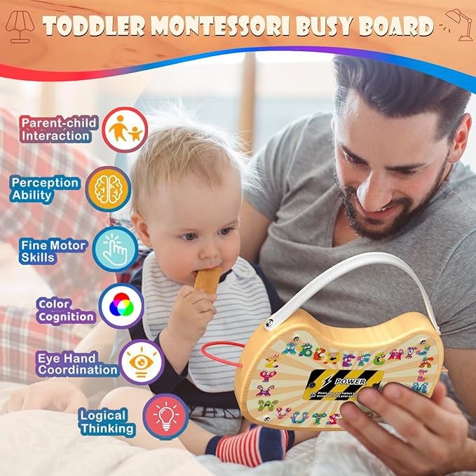 UdoUto Toddler Busy Board with LED Light Up Switch, Wooden Montessori Busy Board for Todder 1-3, Travel Toys for Autistic Kids, Gift for 1 2 3 Year Old Baby Boys & Girls