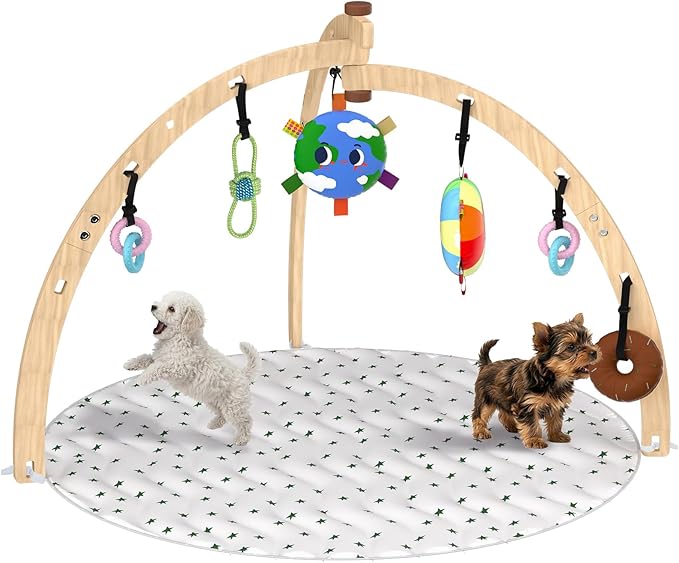 QDAN Puppy Play Gym, Wooden Frame with 6 Hanging Puppy Toys, Adjustable Straps, Puppy Enrichment Toys to Keep Them Busy