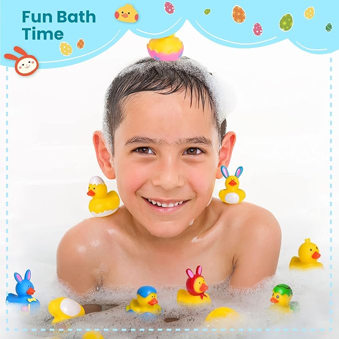 18 Pcs Prefilled Easter Eggs with Rubber Duck Toys for Kids, Bright Colorful Easter Eggs Filled with Assorted Bunny Rabbit Duckies for Fun Bath Toys, Easter Basket Stuffers and Party Favors