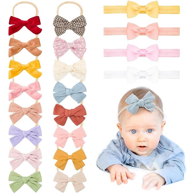 20 Pack Baby Girls Hair Bows Headbands Nylon Elastic Hair Bands Ribbon Bow Hair Accessories for Newborns Infants Toddlers Photo Props