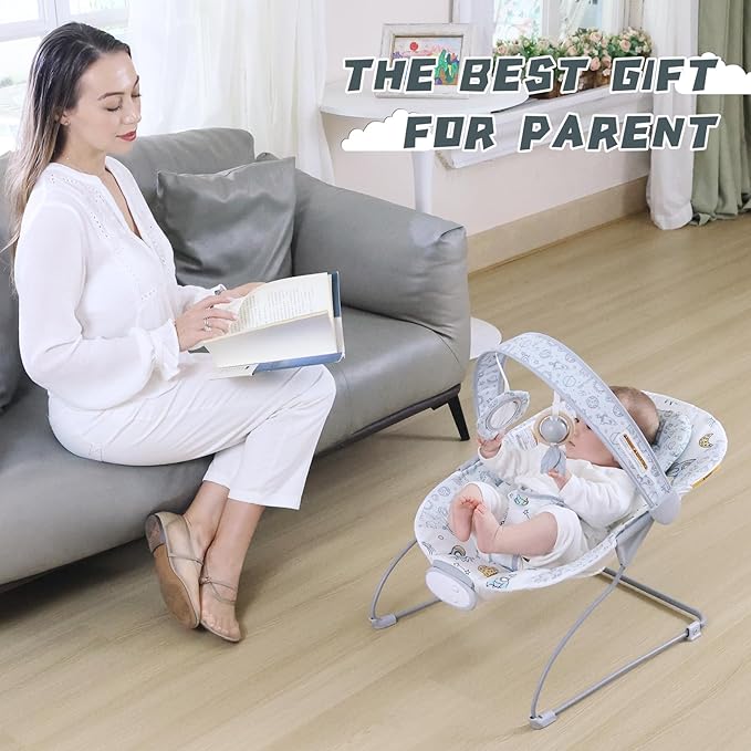 Portable Baby Bouncer Seat with 8 Melodies, 3 Vibration Levels & Adjustable Volume, Foldable Infant Bouncer Rocker with Safety Harness for Baby 0-6 Months, Indoor & Outdoor Use BR2403