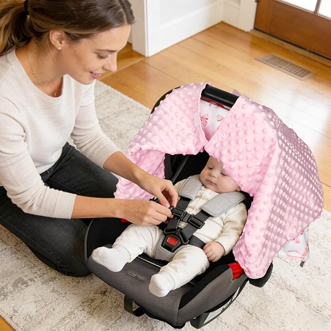 Baby Car Seat Cover, Minky Carseat Cover Baby Girl, Peekaboo Opening Infant Car Seat Cover, Warm Baby Car Seat Canopy for Winter, Pink Bow