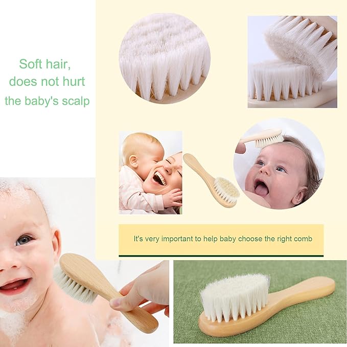 Baby Hair Brush and White Cradle Cap Brush Set for Newborns and Toddlers, Wooden Baby Hair Brush Set with Soft Goat Bristle, Baby Hair Care Kit (2PCS)